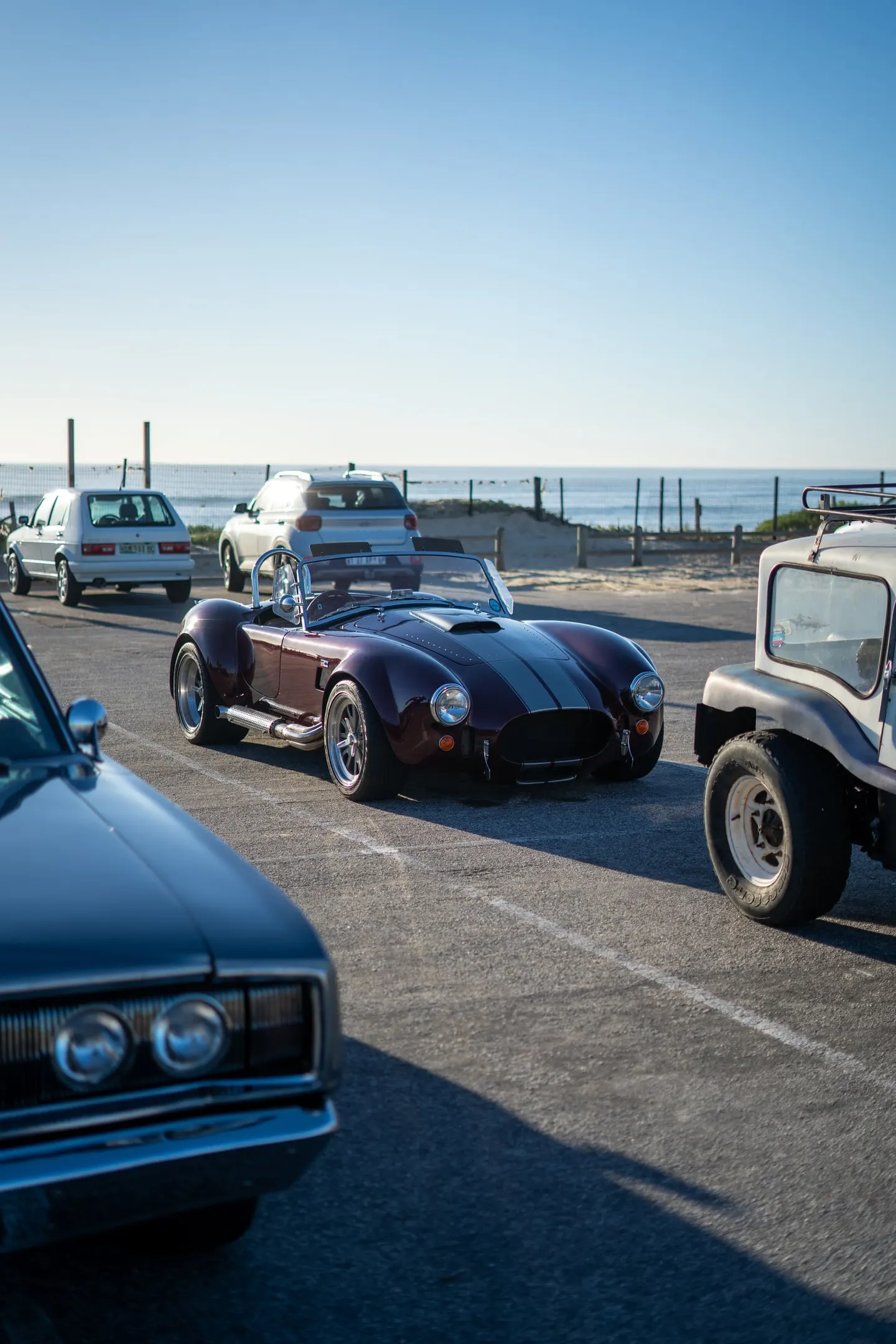 A dark blue Cobra among the parked cars by the sea