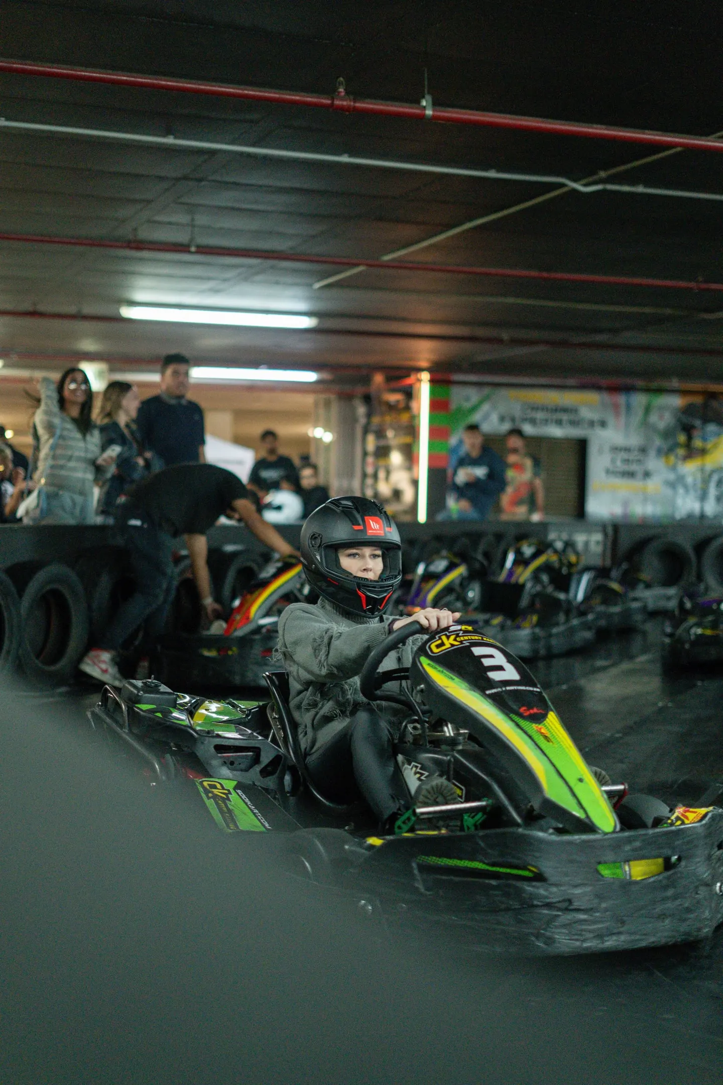 A driver in kart 3 at Century Karting