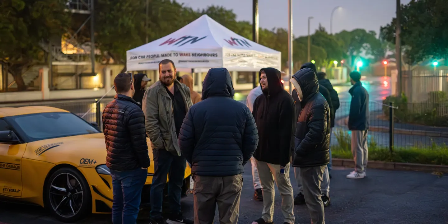 Drivers gathered under the WTN gazebo before sunrise